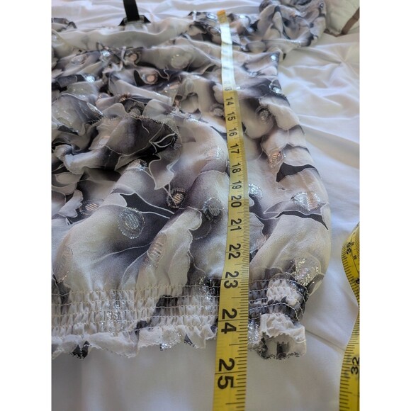 WHBM Silk Blouse Women's S Black White Silver Clip Dot Floral Ruched Romantic - Picture 13 of 13